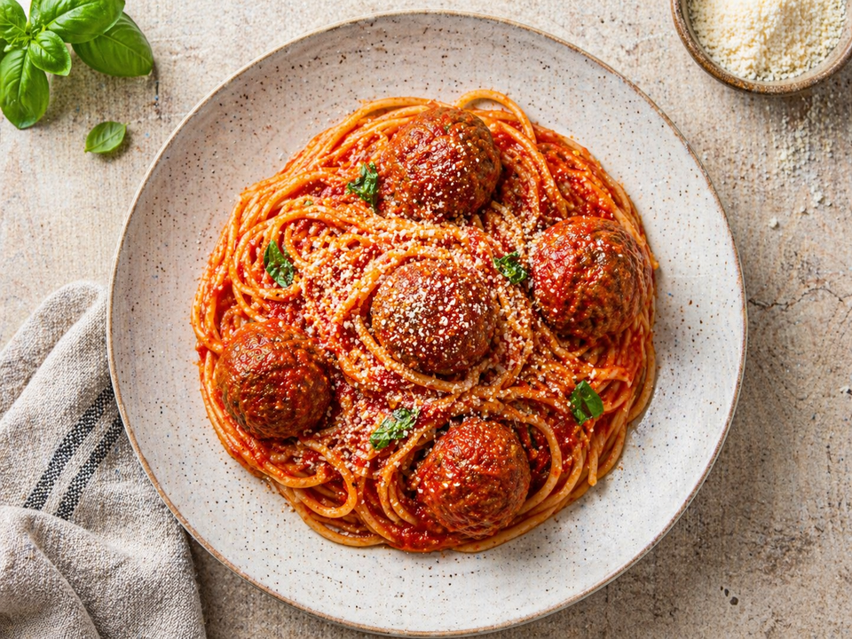 Spaghetti met gehaktballetjes in tomatensaus