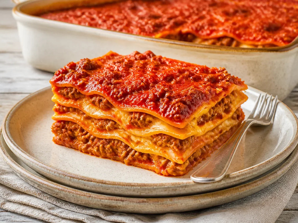 Lasagne alla bolognese met ragù en bechamel op een bord