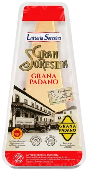 Gran Soresina Grana Padano DOP 200 g, punt in wit met rood kuipje van Latteria Soresina
