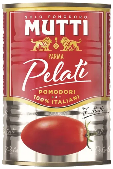 Mutti Pomodori Pelati 400 g, rood blik met een hele tomaat op het etiket