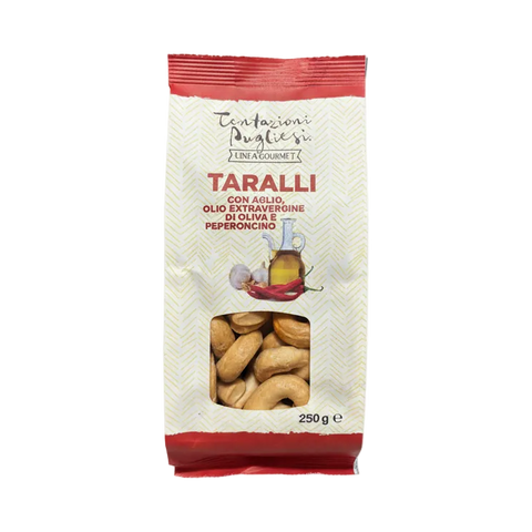 Tentazioni Pugliesi Taralli con Aglio, Olio Extravergine di Oliva e Peperoncino 250 g, confezione Linea Gourmet