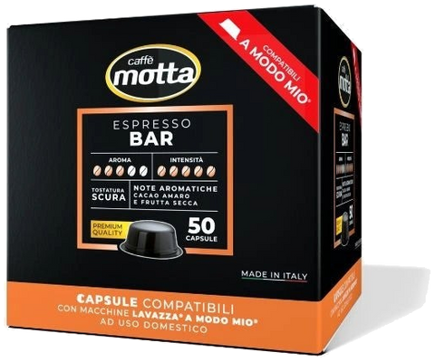 Caffè Motta Espresso Bar 50 capsules compatibel met Lavazza A Modo Mio, zwarte doos met rode band