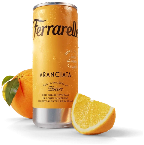 Ferrarelle Aranciata 250 ml, slank oranje blikje met sinaasappel