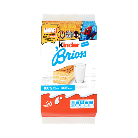 Kinder Brioss al Latte 270 g, busta bianca e rossa con merendina farcita e bicchiere di latte