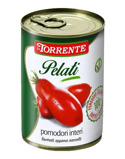 La Torrente Pomodori Pelati Interi 400 g, groen met wit blik met lange tomaten