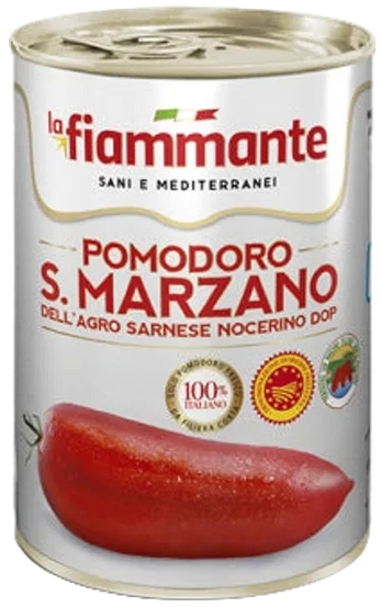La Fiammante gepelde San Marzano DOP tomaten 400 g, wit blik met DOP keurmerk en logo van het Consorzio