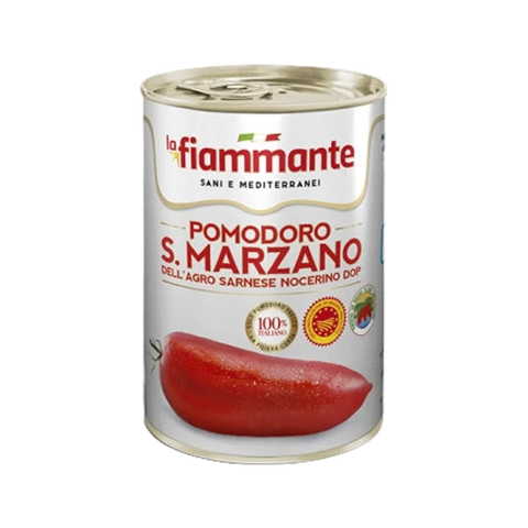 La Fiammante Pomodori Pelati San Marzano DOP 400 g, latta bianca con marchio DOP e logo del Consorzio