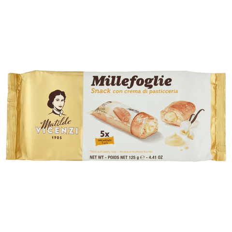 Matilde Vicenzi Millefoglie Snack con crema di pasticceria 125 g, confezione dorata con i cannoncini di sfoglia