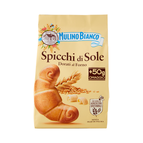 Mulino Bianco Spicchi di Sole Dorati al Forno 400 g, sacchetto giallo con il frollino a mezzaluna e le spighe di grano
