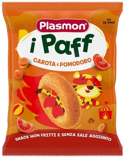 Plasmon i Paff Carota e Pomodoro 15 g, oranje zakje met een luchtig ringetje en het tijgertje