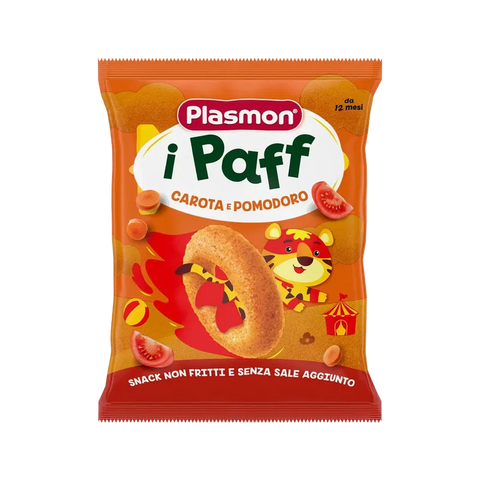 Plasmon i Paff Carota e Pomodoro 15 g, busta arancione con un anellino soffiato e la tigre