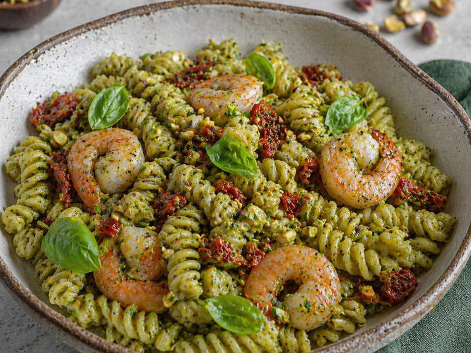 Fusilli met garnalen en pistachepesto