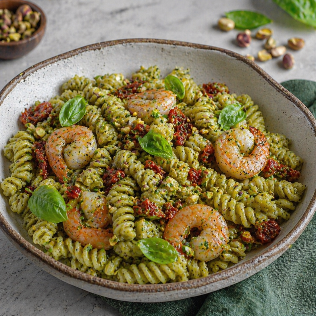 Fusilli con Gamberi e Pesto di Pistacchi