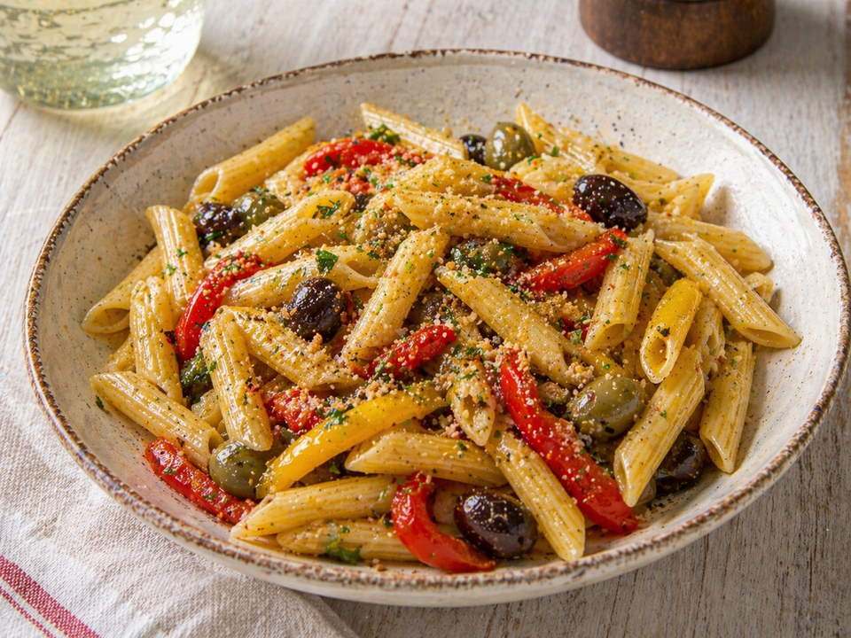Penne met paprika, olijven en kappertjes