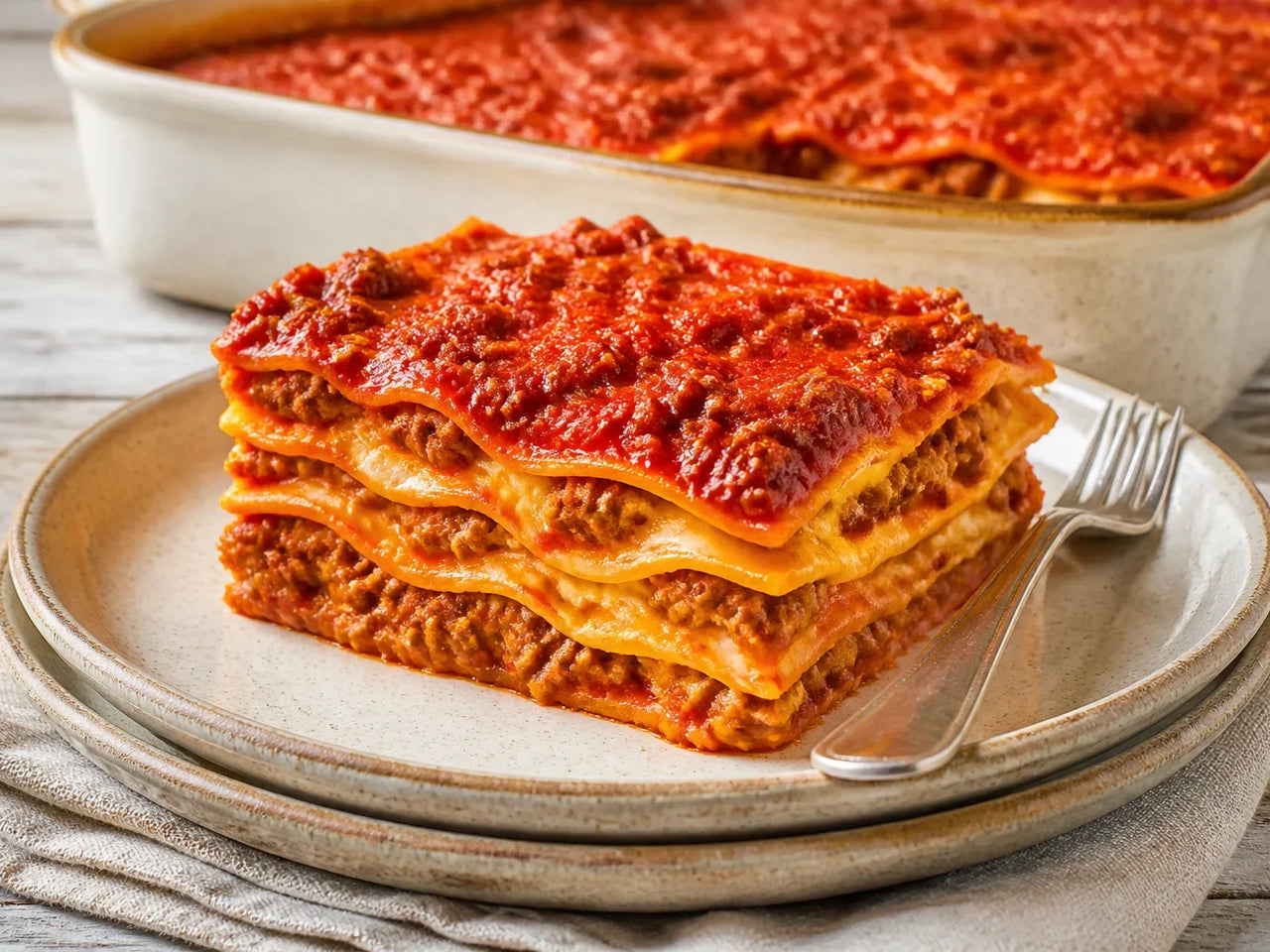 Lasagne alla bolognese met ragù en bechamel op een bord