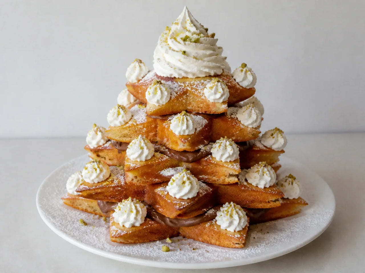 Makkelijk kerstdessert: pandoro kerstboom met Nutella en slagroom