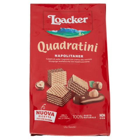 Loacker Quadratini Napolitaner 125 g, astuccio rosso con i quadratini di wafer alla nocciola
