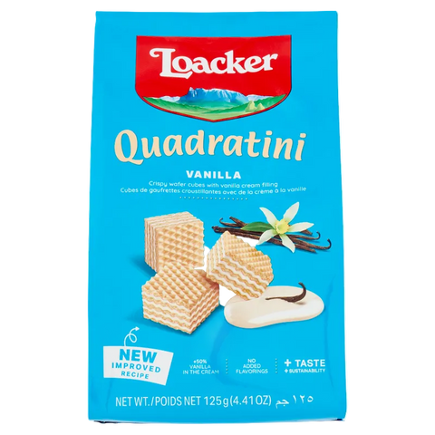 Loacker Quadratini Vanille 125 g, astuccio azzurro con i quadratini di wafer alla vaniglia