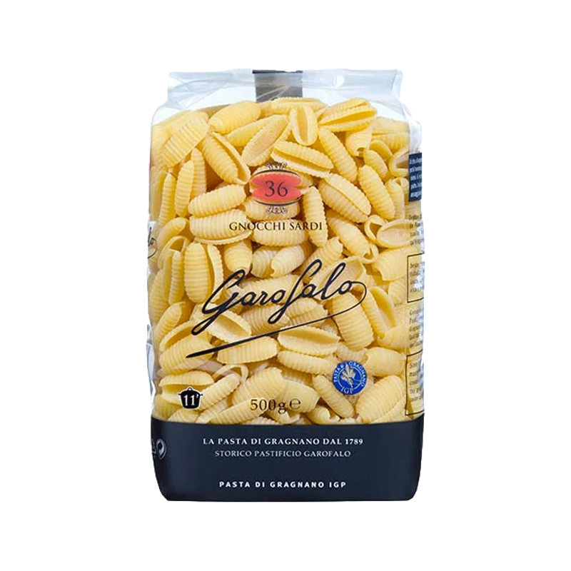 Garofalo Gnocchi Sardi N°36 500 g, transparante zak met de griesmeelpasta in beeld