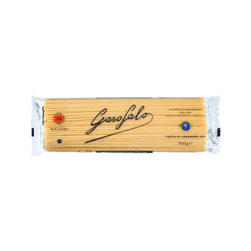 Garofalo Bucatini N°14 500 g, transparante verpakking met de lange holle pasta