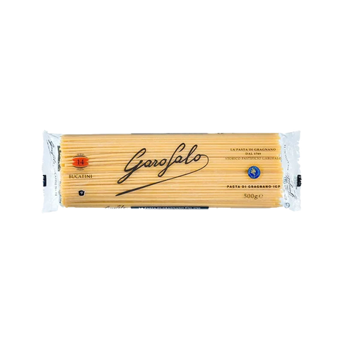 Garofalo Bucatini N°14 500 g, confezione trasparente con la pasta lunga forata