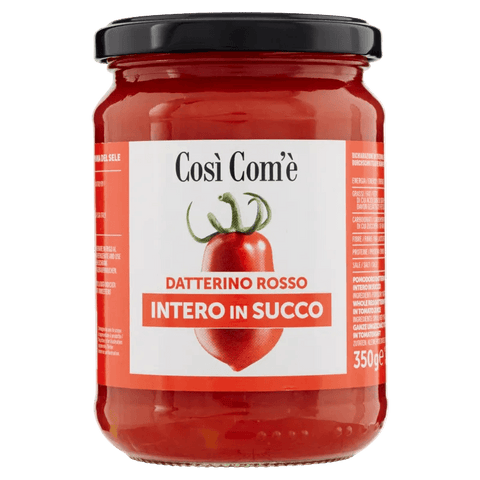 Così com'è Datterino Rosso Intero in Succo 350 g, vasetto di vetro con pomodorini datterini rossi interi