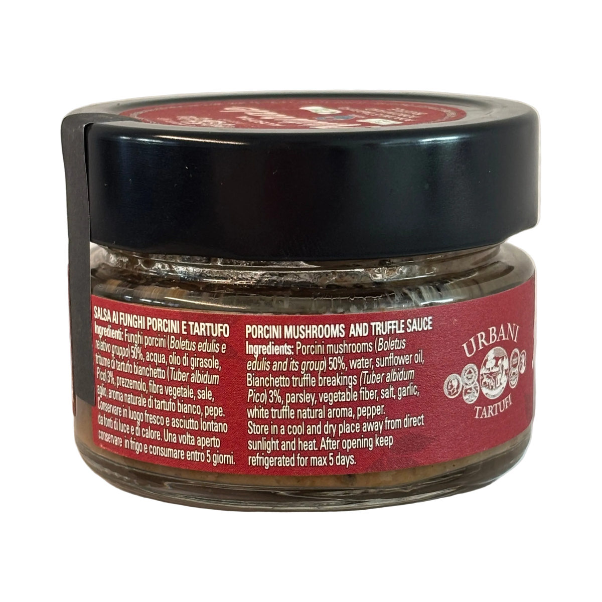Urbani Tartufi Salsa ai Funghi Porcini e Tartufo 80 g, achterkant met ingrediënten en 50 procent porcini