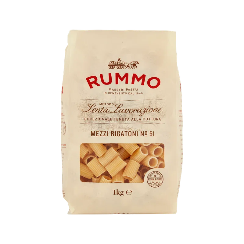 Rummo Mezzi Rigatoni N°51 1 kg, ivoorkleurige zak met venster op de mezzi rigatoni