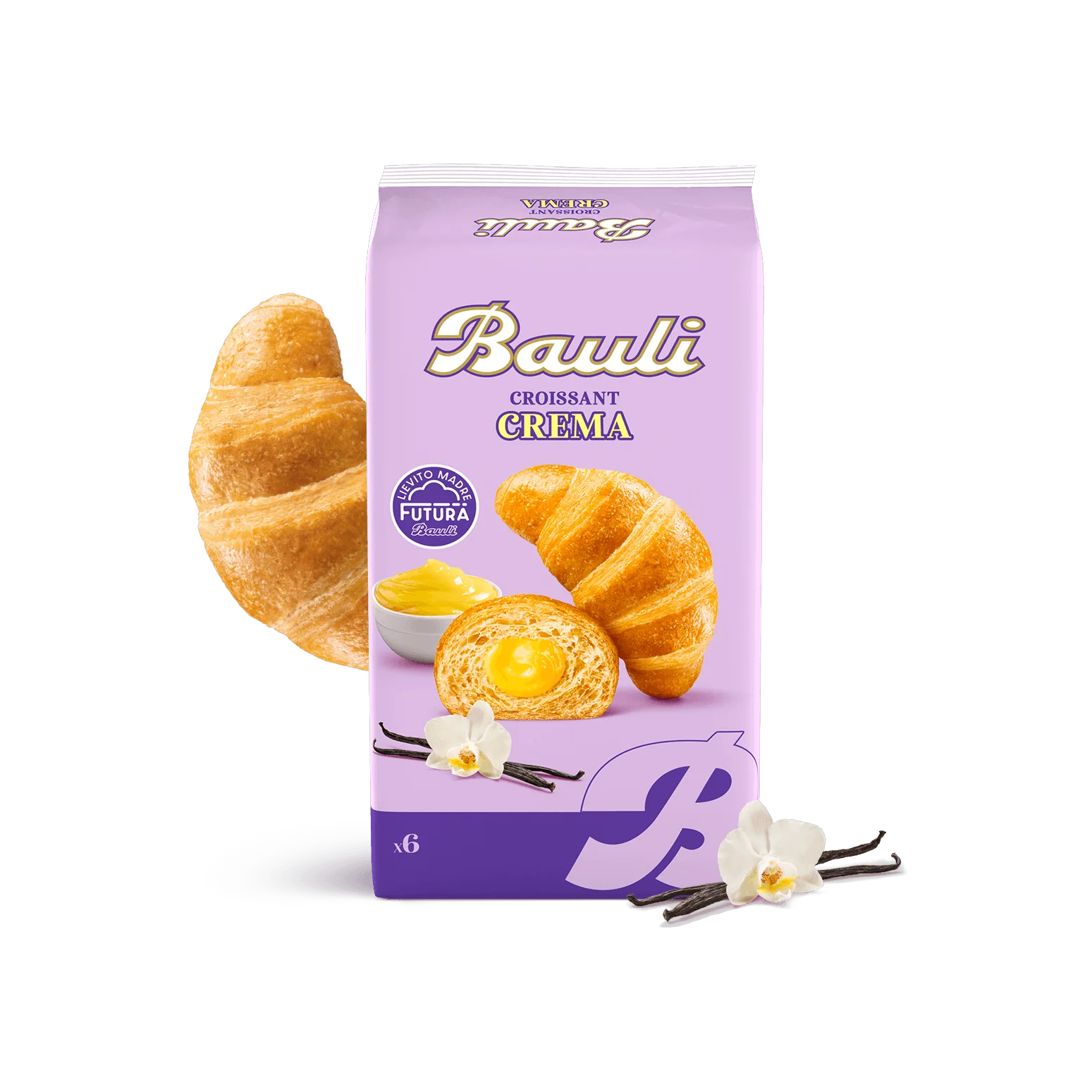 Bauli Croissant Crema Pasticcera roomcroissants 6 stuks 300 g, lila zak met croissant en vanillebloemen ernaast