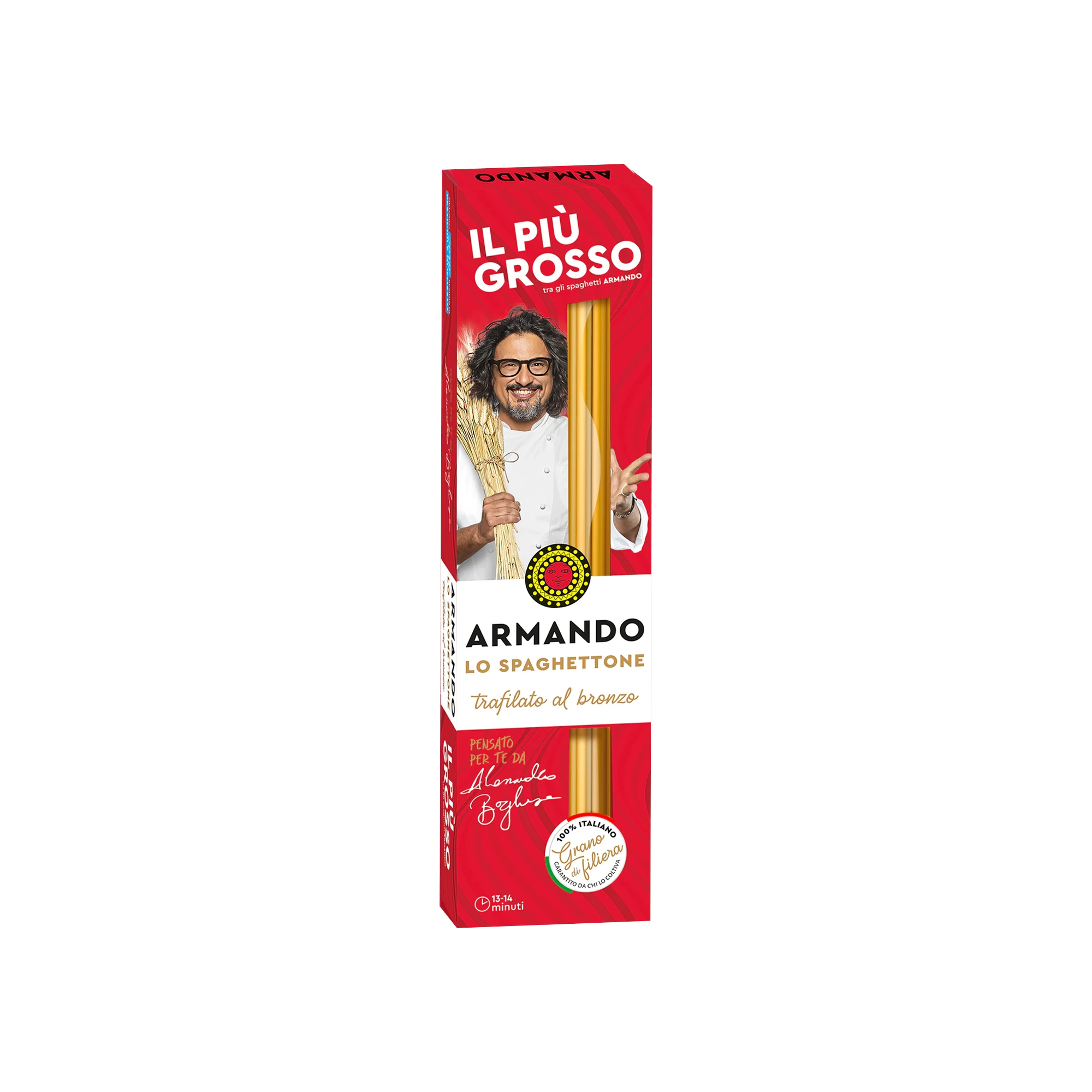 Armando Lo Spaghettone 500 g, rode verpakking met chef Alessandro Borghese en spaghettoni in beeld