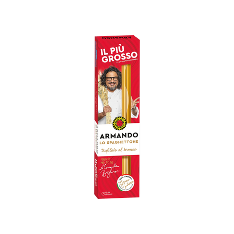 Armando Lo Spaghettone 500 g, confezione rossa con lo chef Alessandro Borghese e spaghettoni in vista