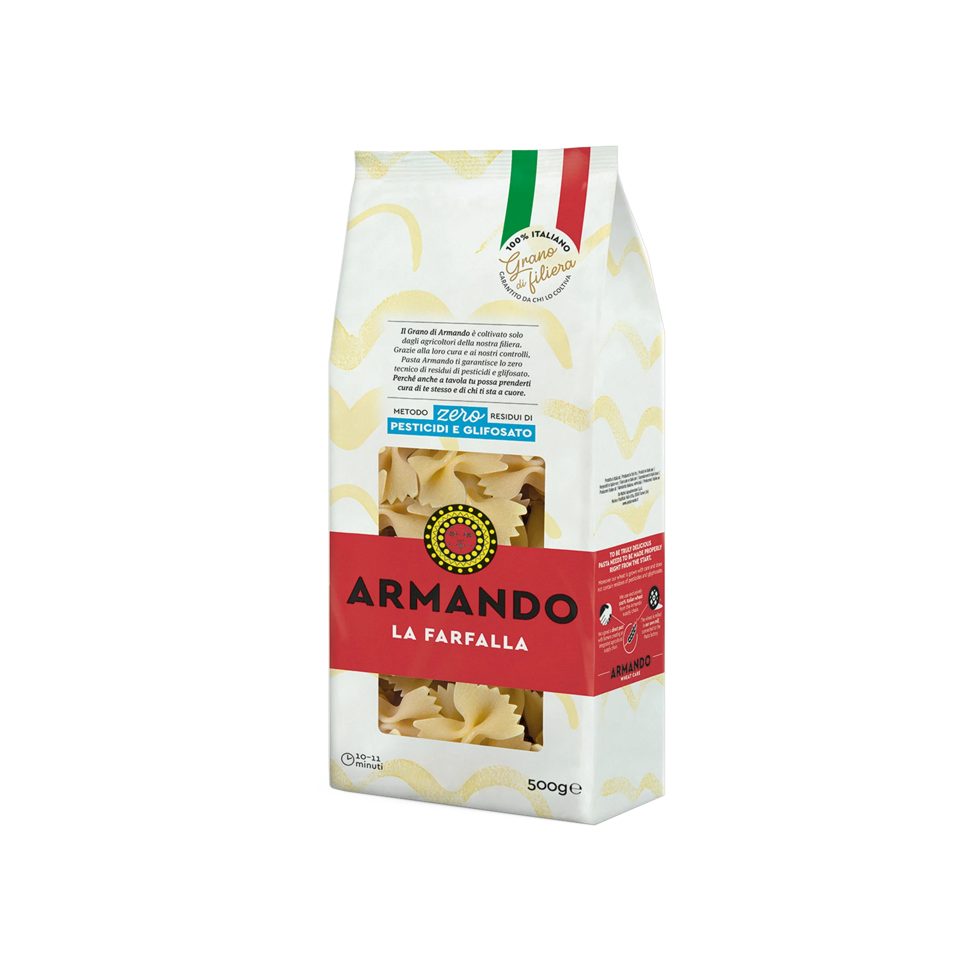 Armando La Farfalla 500 g, witte zak met rode band en farfalle in beeld