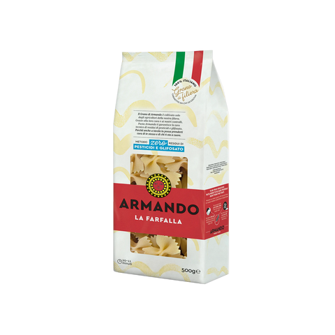 Armando La Farfalla 500 g, pacco bianco con fascia rossa e farfalle in vista