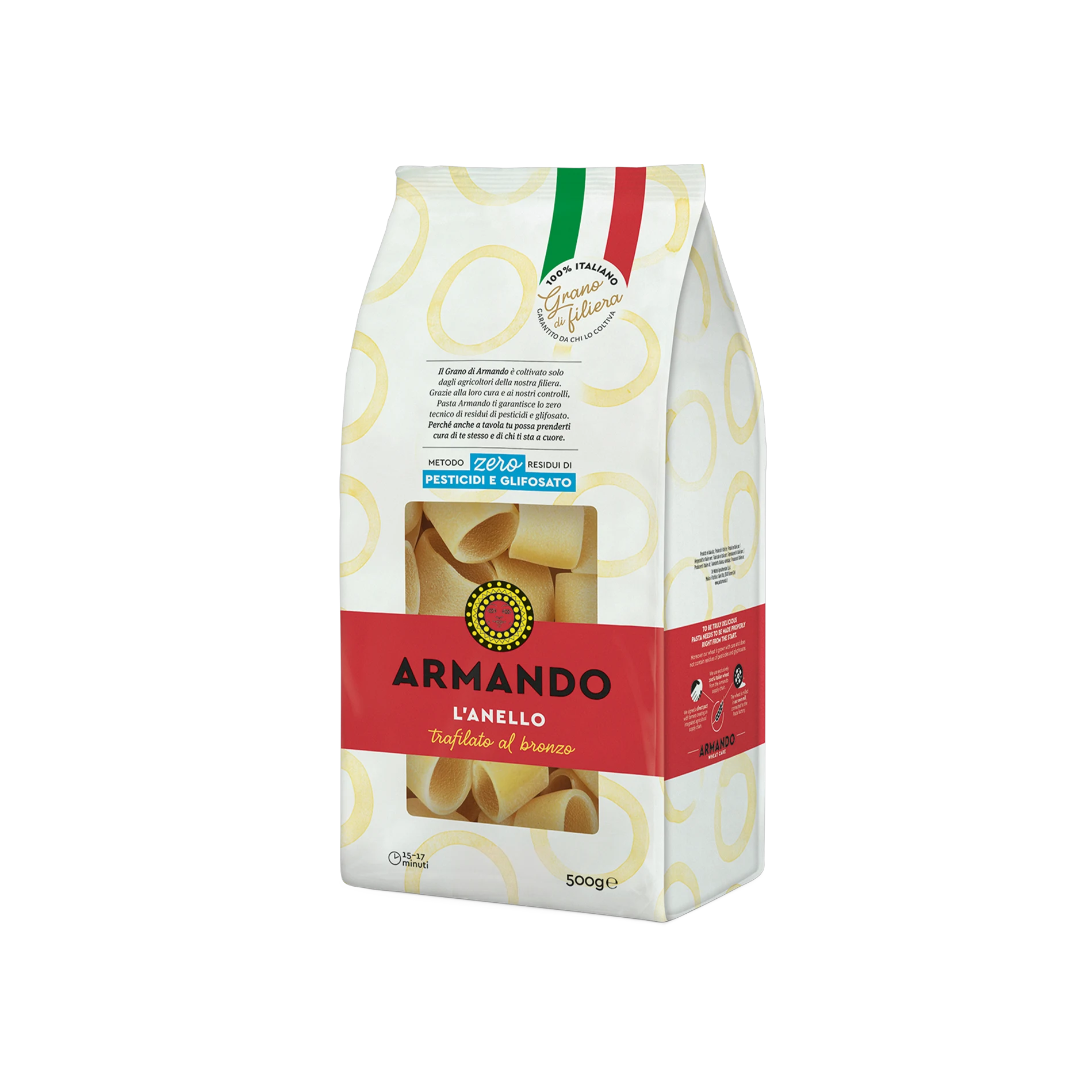 Armando L'Anello 500 g, witte zak met rode band en pastaringen in beeld