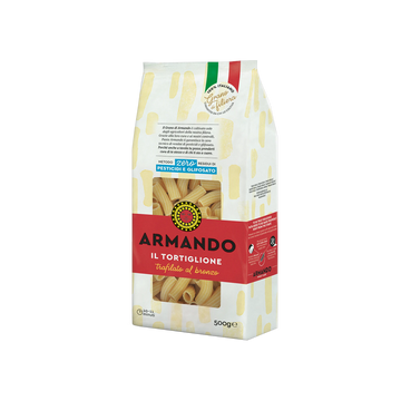 Armando Il Tortiglione 500 g, pacco bianco con fascia rossa e tortiglioni in vista