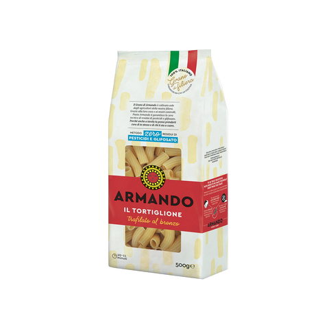 Armando Il Tortiglione 500 g, pacco bianco con fascia rossa e tortiglioni in vista