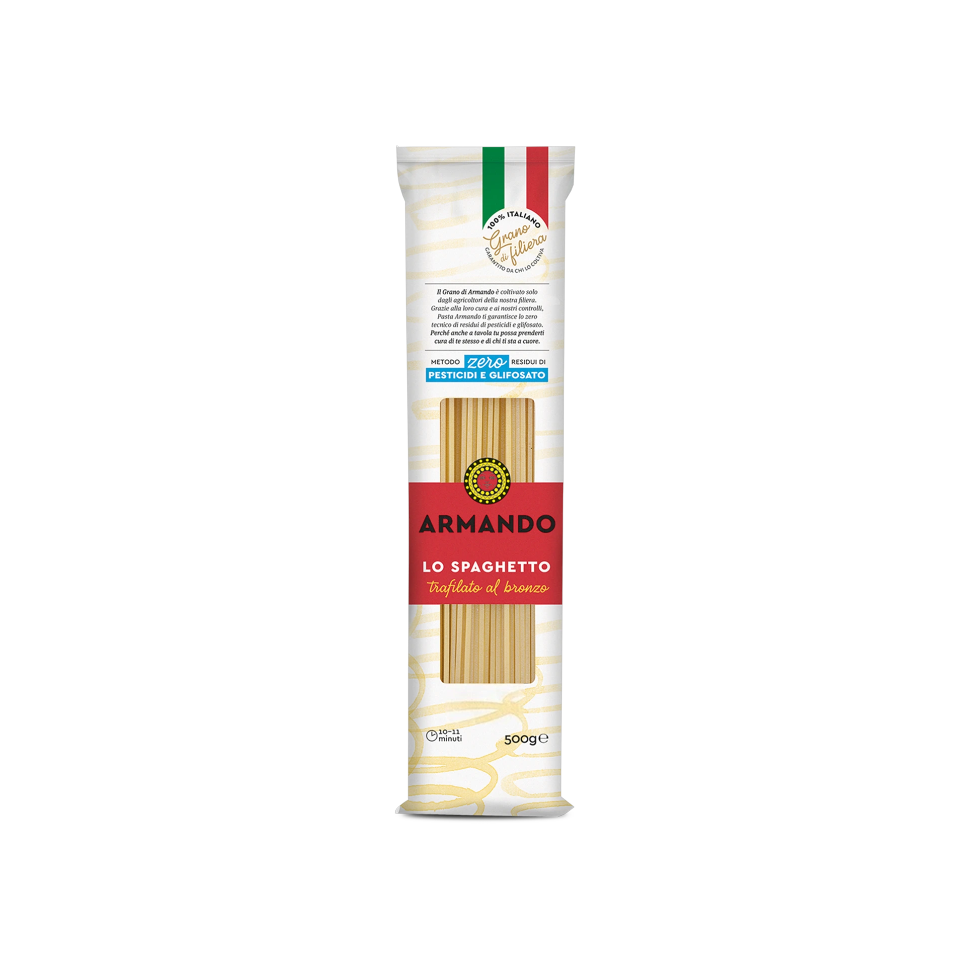 Armando Lo Spaghetto 500 g, lange witte verpakking met rode band en spaghetti in beeld