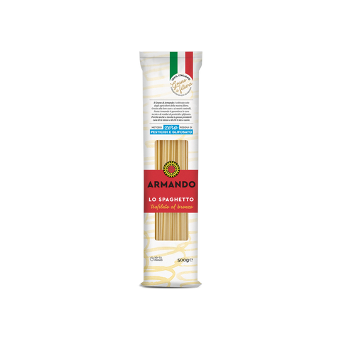 Armando Lo Spaghetto 500 g, confezione bianca lunga con fascia rossa e spaghetti in vista