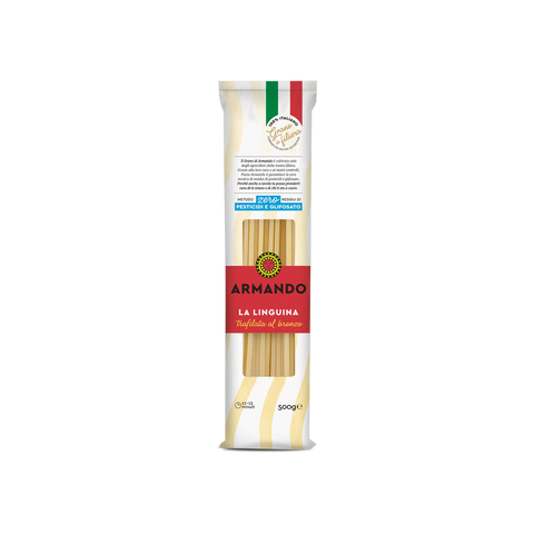 Armando La Linguina 500 g, confezione bianca lunga con fascia rossa e linguine in vista