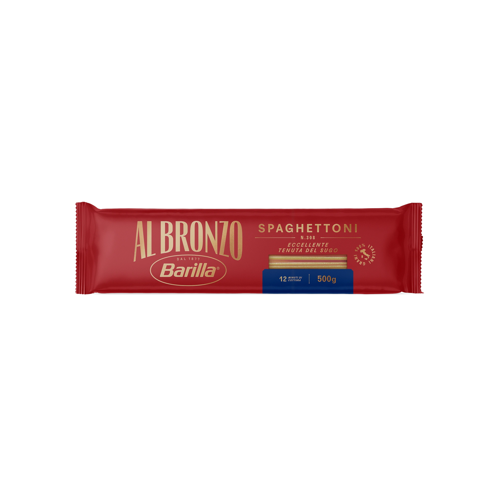 Barilla Al Bronzo Spaghettoni N°308 500 g, lange rode verpakking met gouden letters