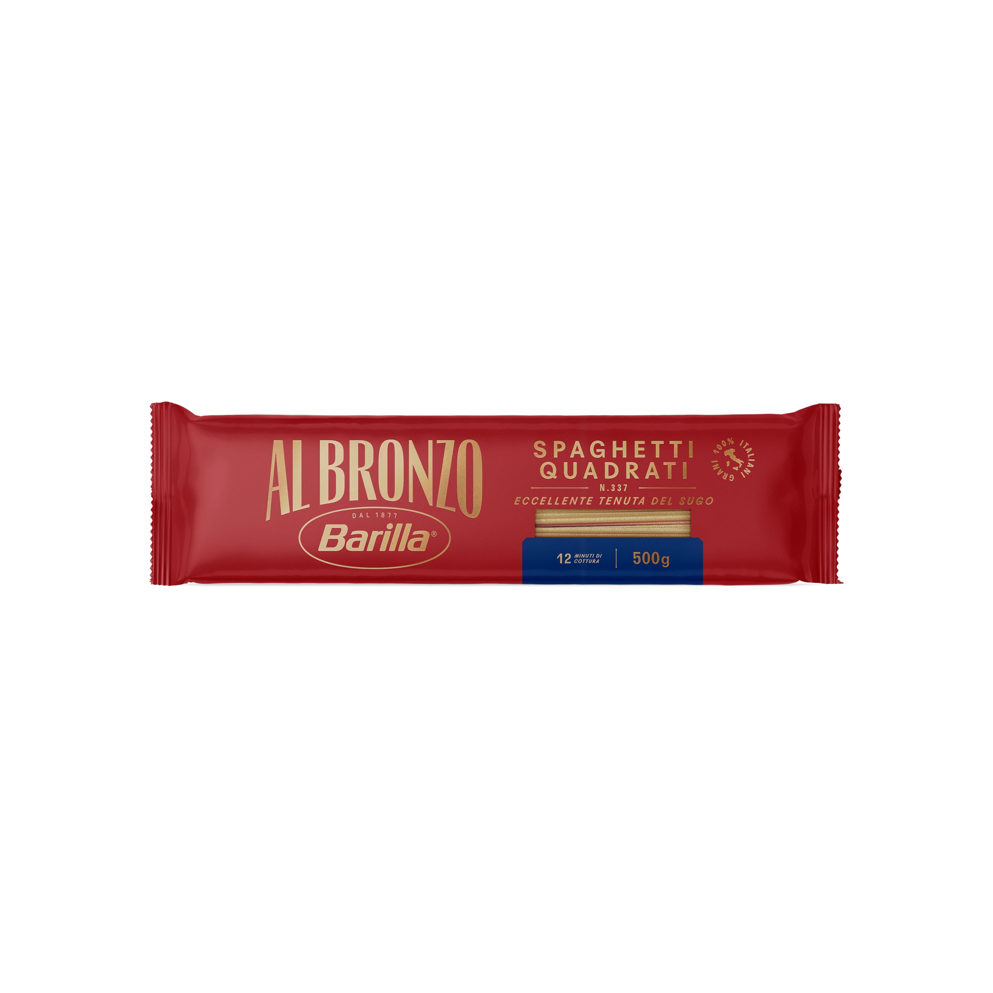 Barilla Al Bronzo Spaghetti Quadrati N°337 500 g, lange rode verpakking met gouden letters