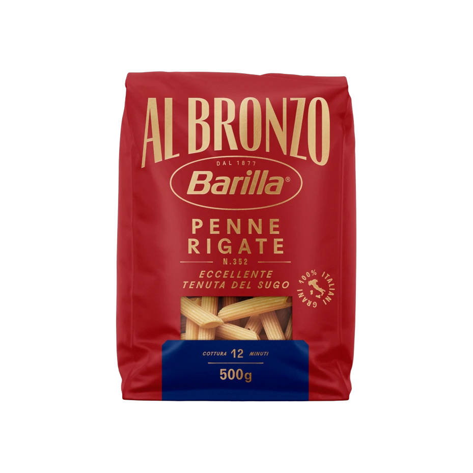 Barilla Al Bronzo Penne Rigate N°352 500 g, rode zak met gouden letters en venster op de penne