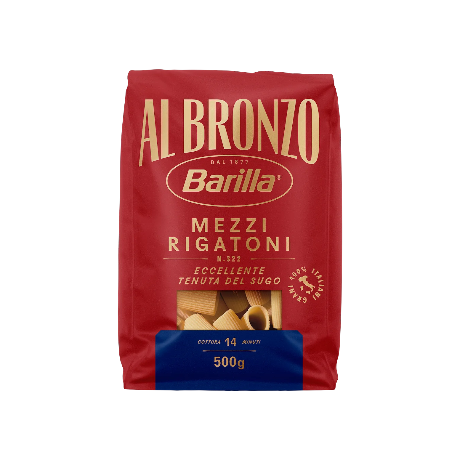 Barilla Al Bronzo Mezzi Rigatoni N°322 500 g, rode zak met gouden letters en venster op de mezzi rigatoni