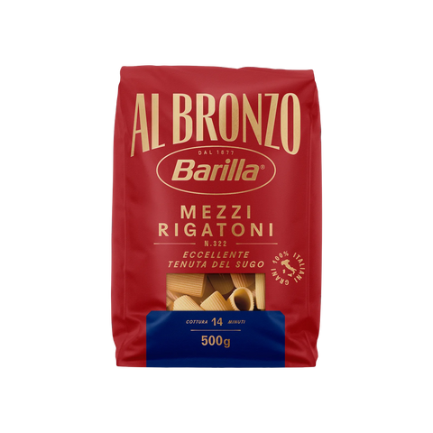 Barilla Al Bronzo Mezzi Rigatoni N°322 500 g, pacco rosso con scritte oro e finestra sui mezzi rigatoni