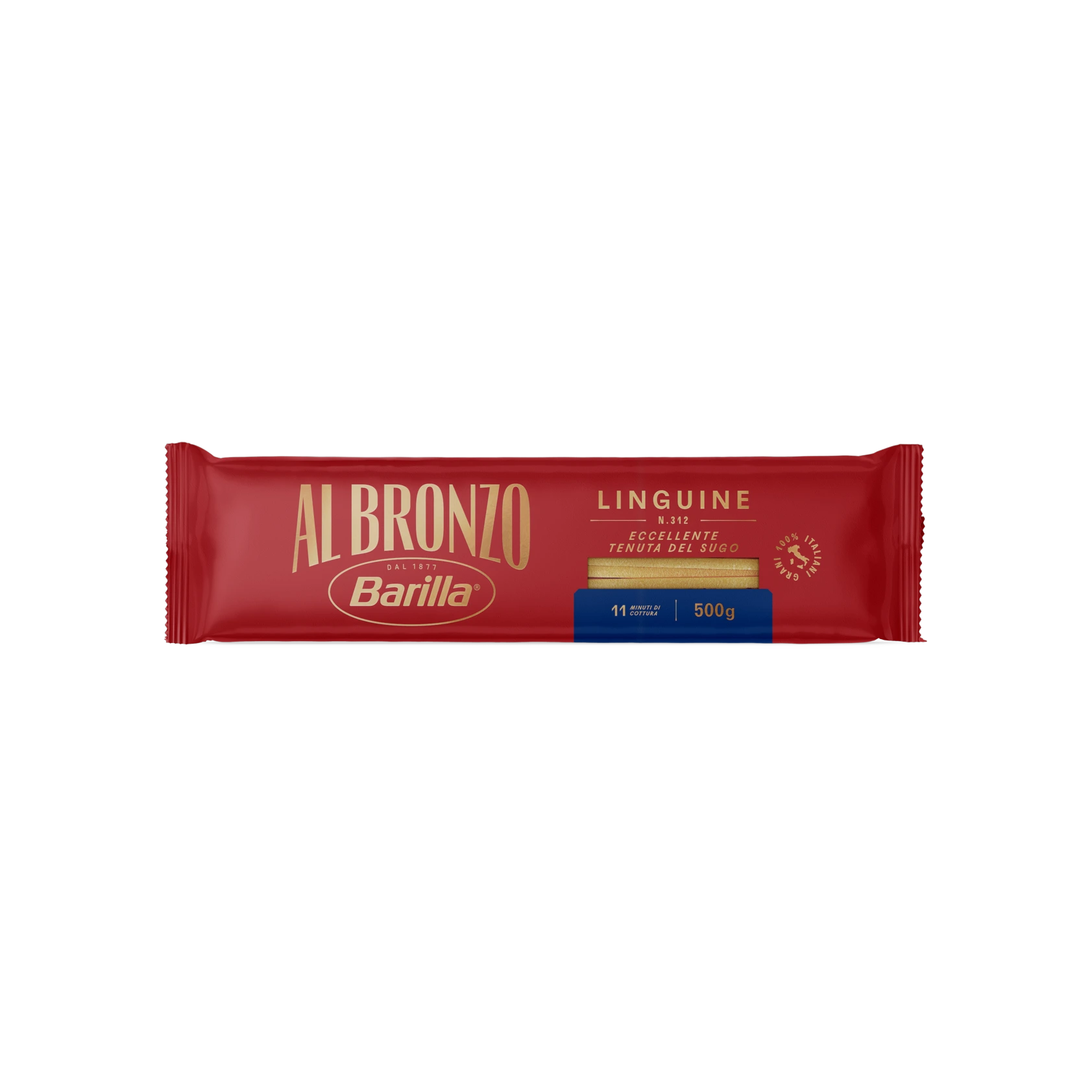 Barilla Al Bronzo Linguine N°312 500 g, lange rode verpakking met gouden letters