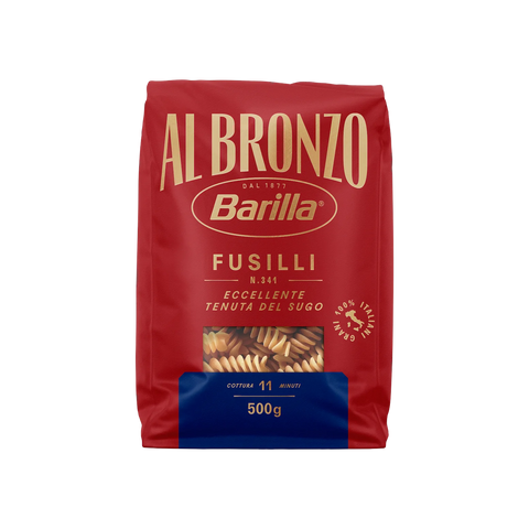 Barilla Al Bronzo Fusilli N°341 500 g, pacco rosso con scritte oro e finestra sui fusilli