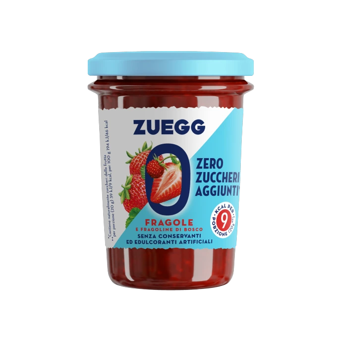 Zuegg Zero Zuccheri Aggiunti aardbeien en bosaardbeien 220 g, glazen pot met lichtblauw deksel en Zero Zuccheri etiket met aardbeien