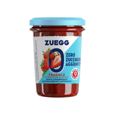 Zuegg Zero Zuccheri Aggiunti Fragole e Fragoline di Bosco 220 g, vasetto di vetro con tappo azzurro ed etichetta Zero Zuccheri con fragole