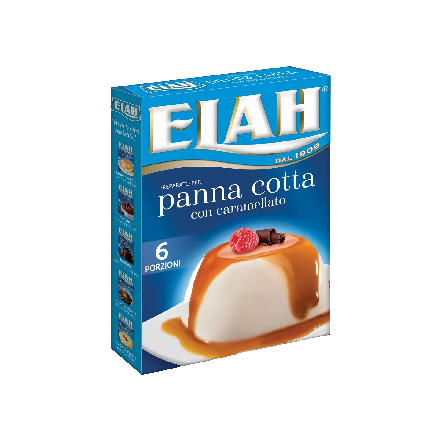 Elah Preparato per Panna Cotta mix met karamelsaus 90 g, blauwe doos met panna cotta en karamelsaus