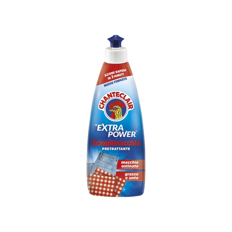 Chanteclair Pretrattante Scioglimacchia Extra Power 500 ml, flacone blu con tappo dosatore ed etichetta Extra Power